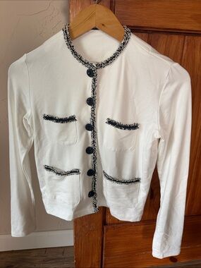 Pete Collection "Chanel-Style" Tweed-Trim Cardigan Blouse XS